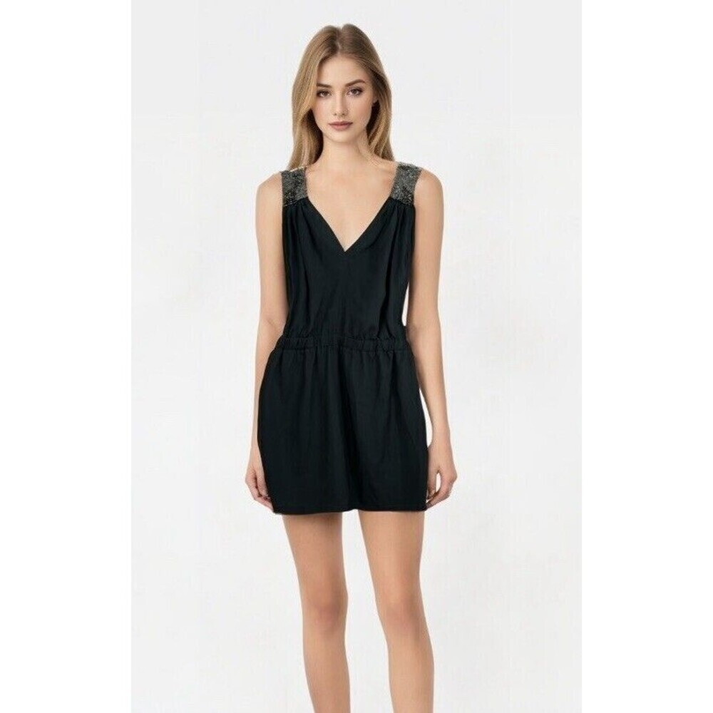 Aqua Black Beach cover-up Mini Dress sheer Beaded Shoulders V Neck Sz S